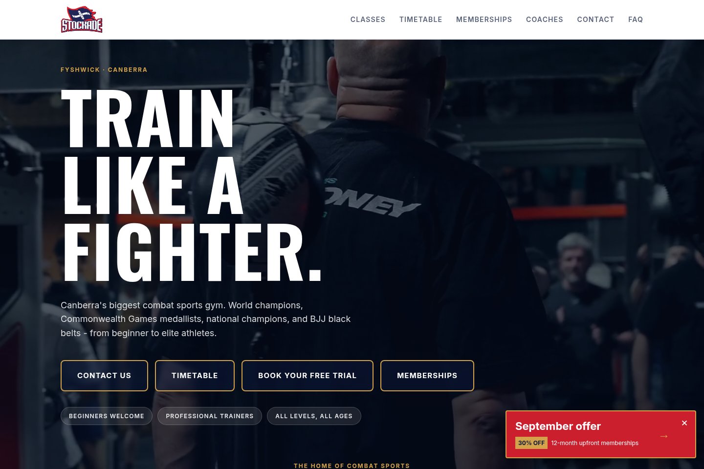Live Stockade Training Centre homepage with its boxing hero and class navigation
